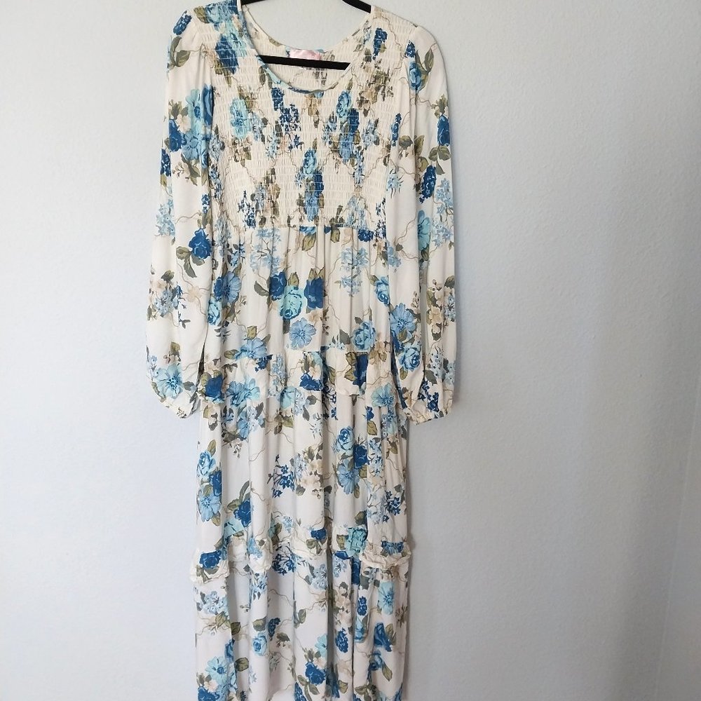 Paperdoll Blue Floral Tiered Ruffle Smocked Cottagecore Boho Maxi Dress NWOT